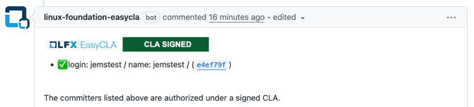 EasyCLA recognizes the signed CLA